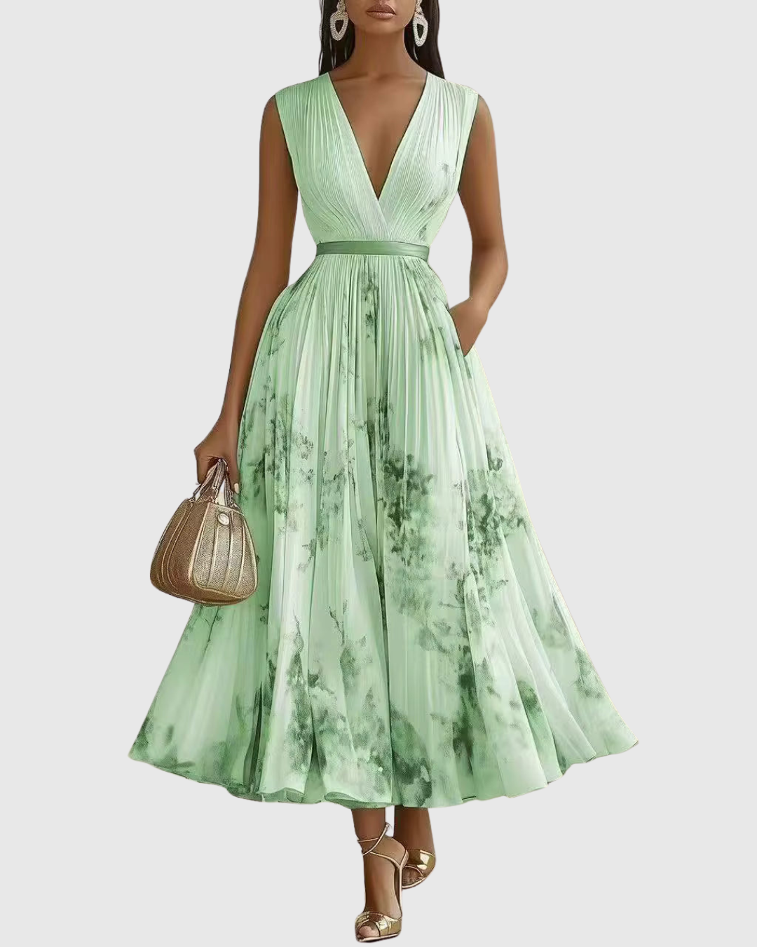Elegant Floral Pleated Maxi Dress for Women with Deep V-Neck Sleeveless Belted Formal Wedding Guest Style