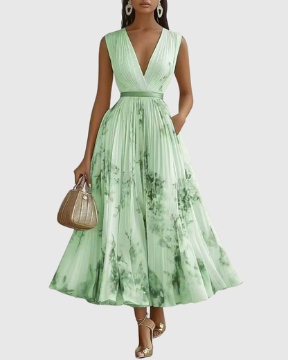Elegant Floral Pleated Maxi Dress for Women with Deep V-Neck Sleeveless Belted Formal Wedding Guest Style