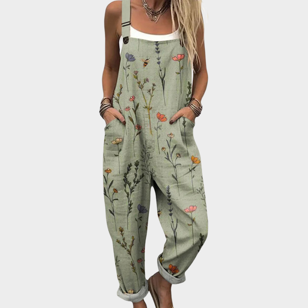 Effortless Green Floral Jumpsuit for Women with Wide Leg