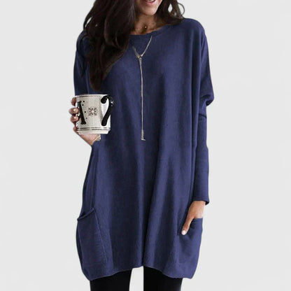 Comfortable Tunic for Women with Crew Neck Long Sleeve Oversized Pocket Casual Style
