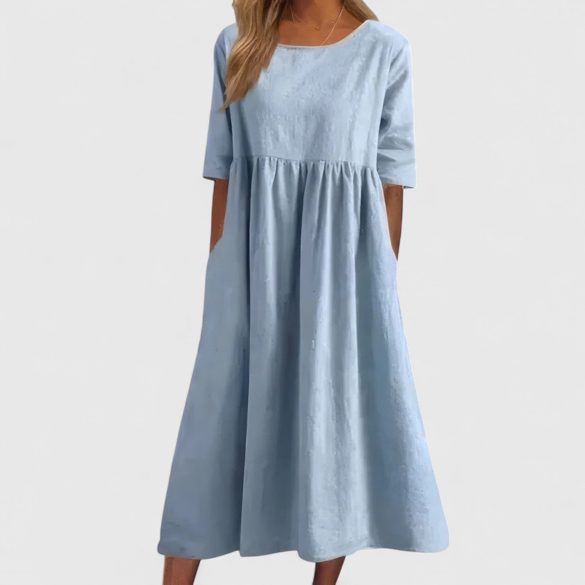 Effortless Linen Maxi Dresses for Women with Round Neck 3/4 Sleeve Empire Waist Casual Long Dress Style