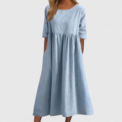 Effortless Linen Maxi Dresses for Women with Round Neck 3/4 Sleeve Empire Waist Casual Long Dress Style