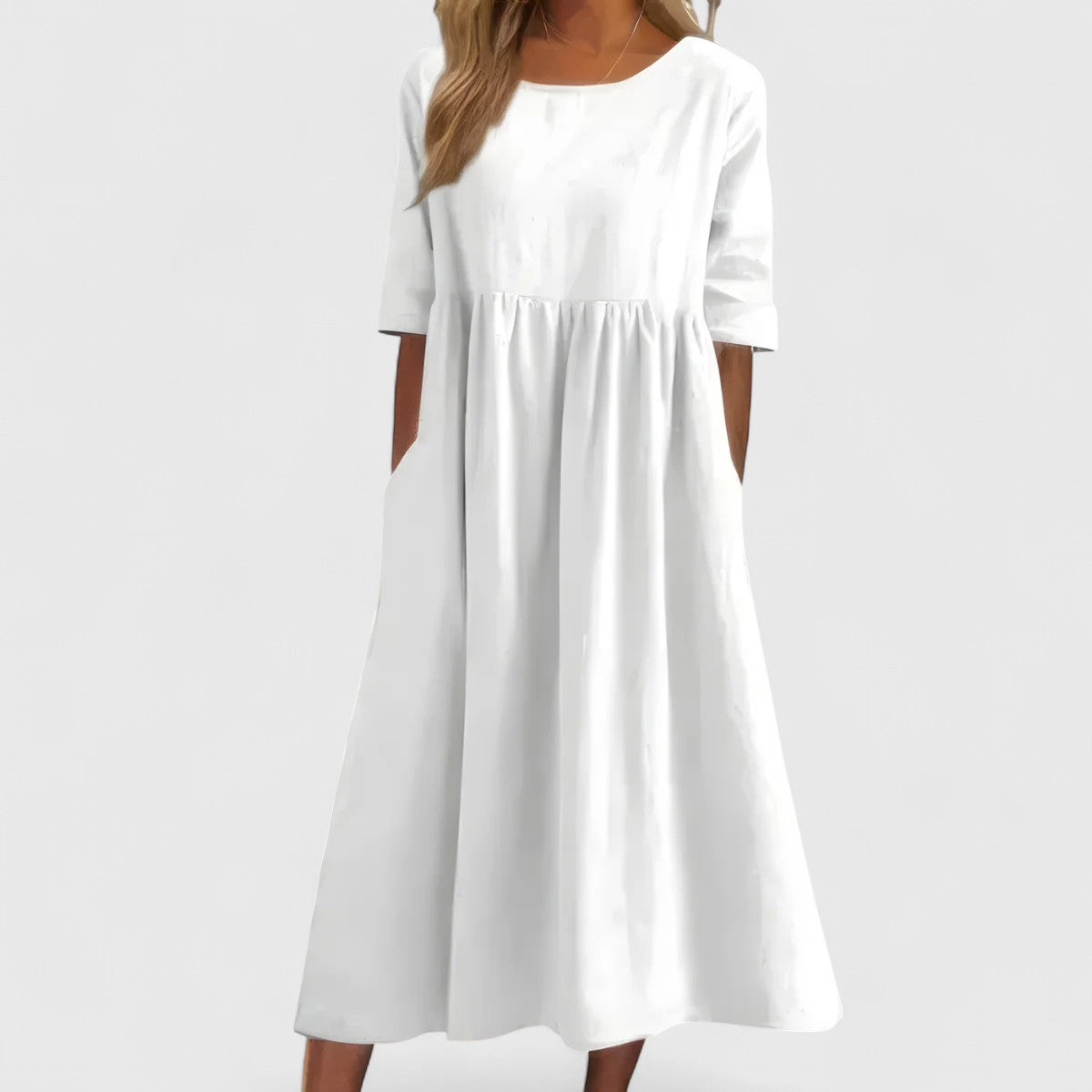 Effortless Linen Maxi Dresses for Women with Round Neck 3/4 Sleeve Empire Waist Casual Long Dress Style