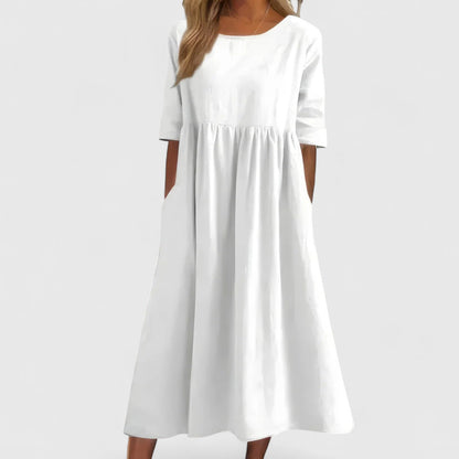 Effortless Linen Maxi Dresses for Women with Round Neck 3/4 Sleeve Empire Waist Casual Long Dress Style