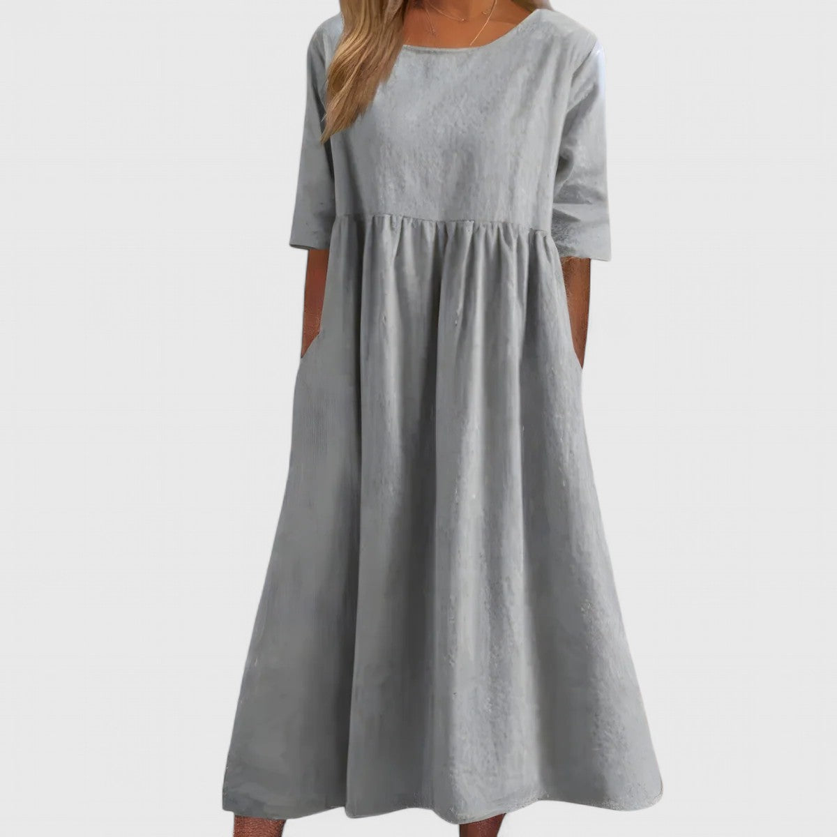 Effortless Linen Maxi Dresses for Women with Round Neck 3/4 Sleeve Empire Waist Casual Long Dress Style