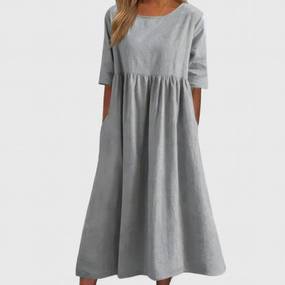 Effortless Linen Maxi Dresses for Women with Round Neck 3/4 Sleeve Empire Waist Casual Long Dress Style