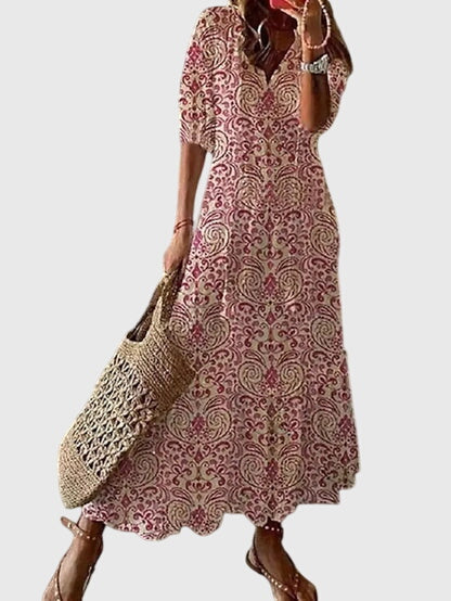 Effortless Ikat Print Maxi Dress for Women with V-Neck Tassel Tie Short Sleeve Casual Style