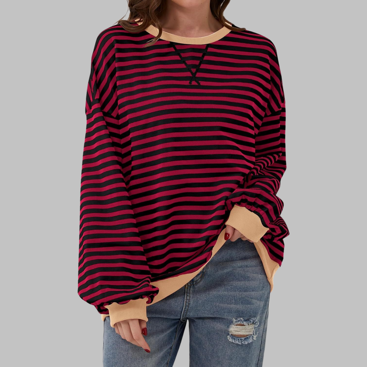 Elegant Striped Knit Sweater for Women with Long Sleeve