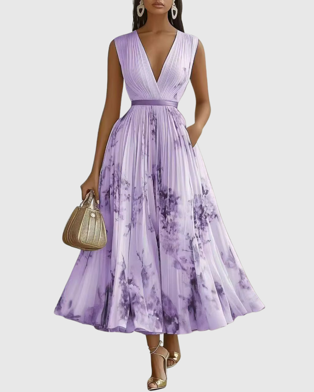 Elegant Floral Pleated Maxi Dress for Women with Deep V-Neck Sleeveless Belted Formal Wedding Guest Style