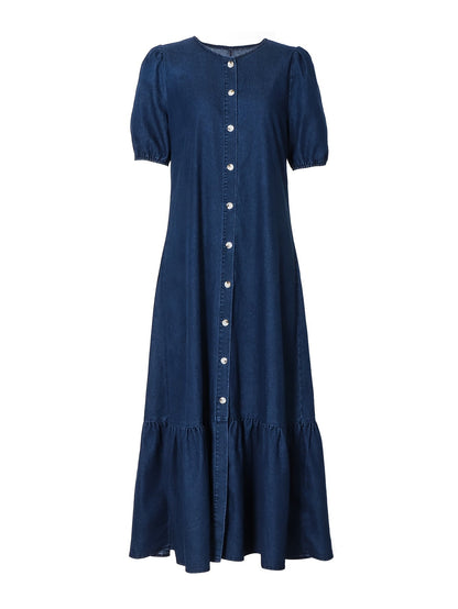 Elegant Blue Denim Maxi Dress for Women with Collar Puff Sleeve Front Slit Style