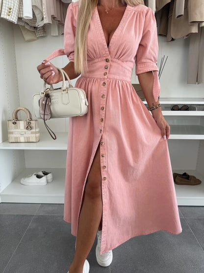 Effortless Denim Midi Dress for Women with V Neck Short Sleeve