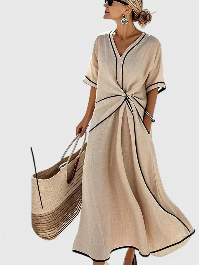 Effortless Twist Knot Maxi Dress for Women with V-Neck Short Sleeve Contrast Trim Casual Style
