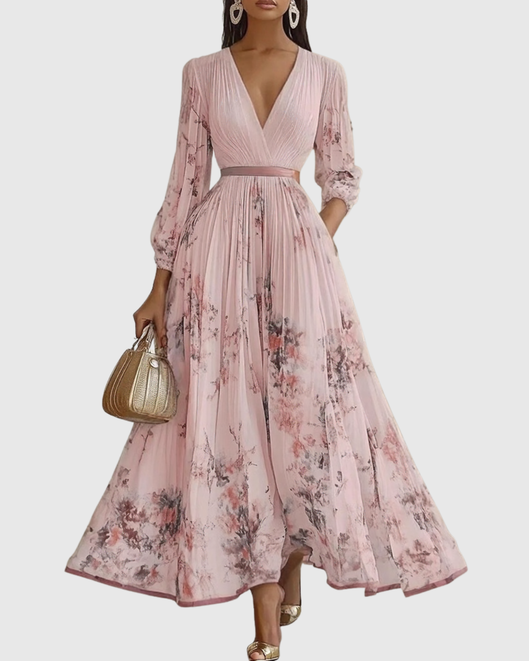 Elegant Floral Pleated Maxi Dress for Women with Deep V-Neck Sleeveless Belted Formal Wedding Guest Style