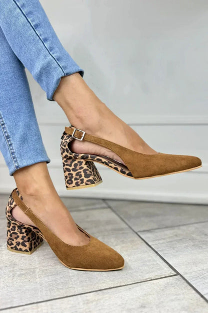 Comfortable Light Brown Leopard Heels for Women with Slingback Pointed Toe Style