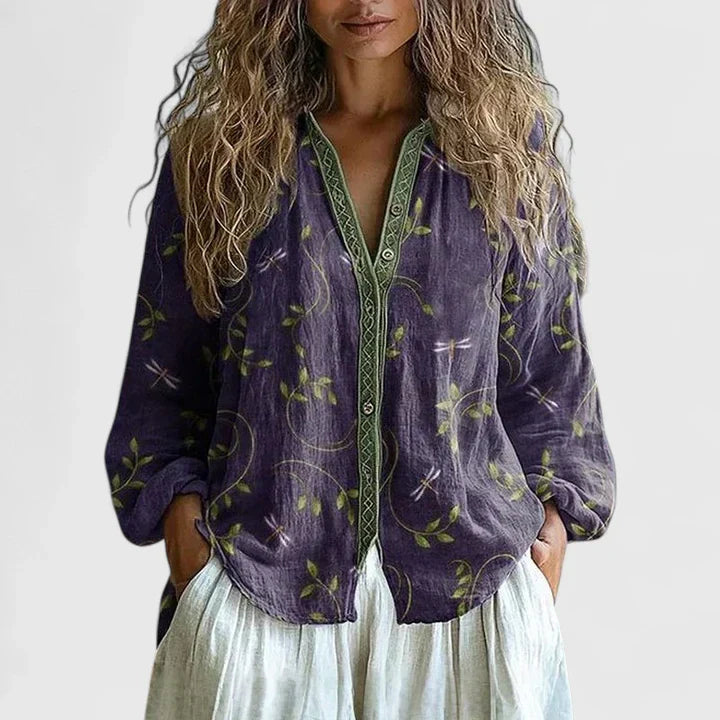 Effortless Dragonfly Print Blouse for Women with V-Neck Button Front Long Sleeve Relaxed Casual Style