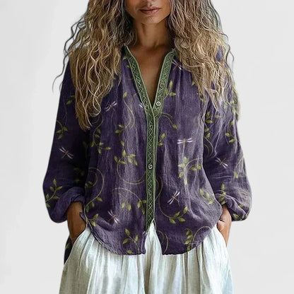 Effortless Dragonfly Print Blouse for Women with V-Neck Button Front Long Sleeve Relaxed Casual Style