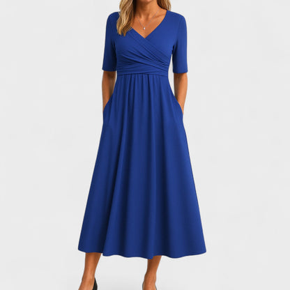 Elegant Wrap V Neck Maxi Dresses for Women with Short Sleeve Empire Waist Ruched Pocket Long Dress Style
