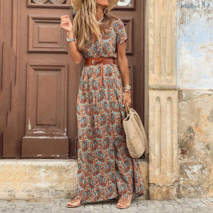 Stylish Floral Maxi Dress for Women with V Neck A Line