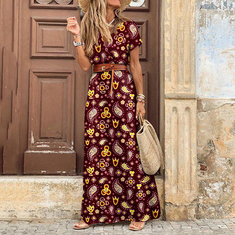 Stylish Floral Maxi Dress for Women with V Neck A Line