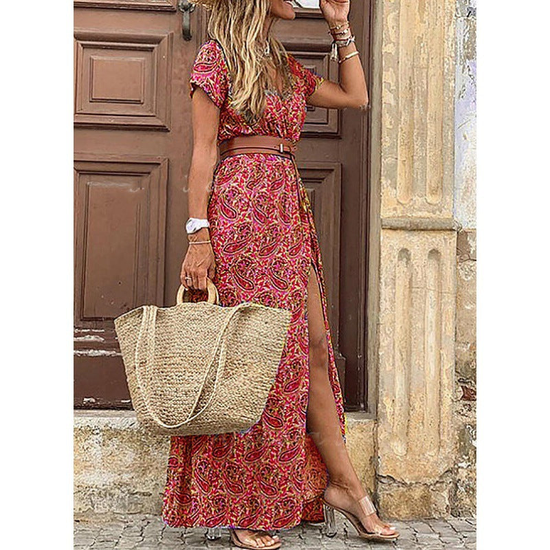 Stylish Floral Maxi Dress for Women with V Neck A Line