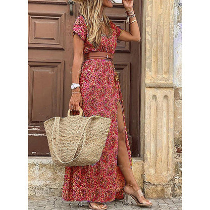 Stylish Floral Maxi Dress for Women with V Neck A Line