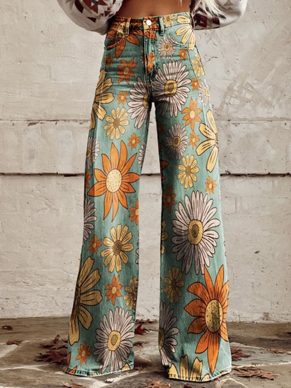 Comfortable Yellow Floral Wide Leg Pants for Women