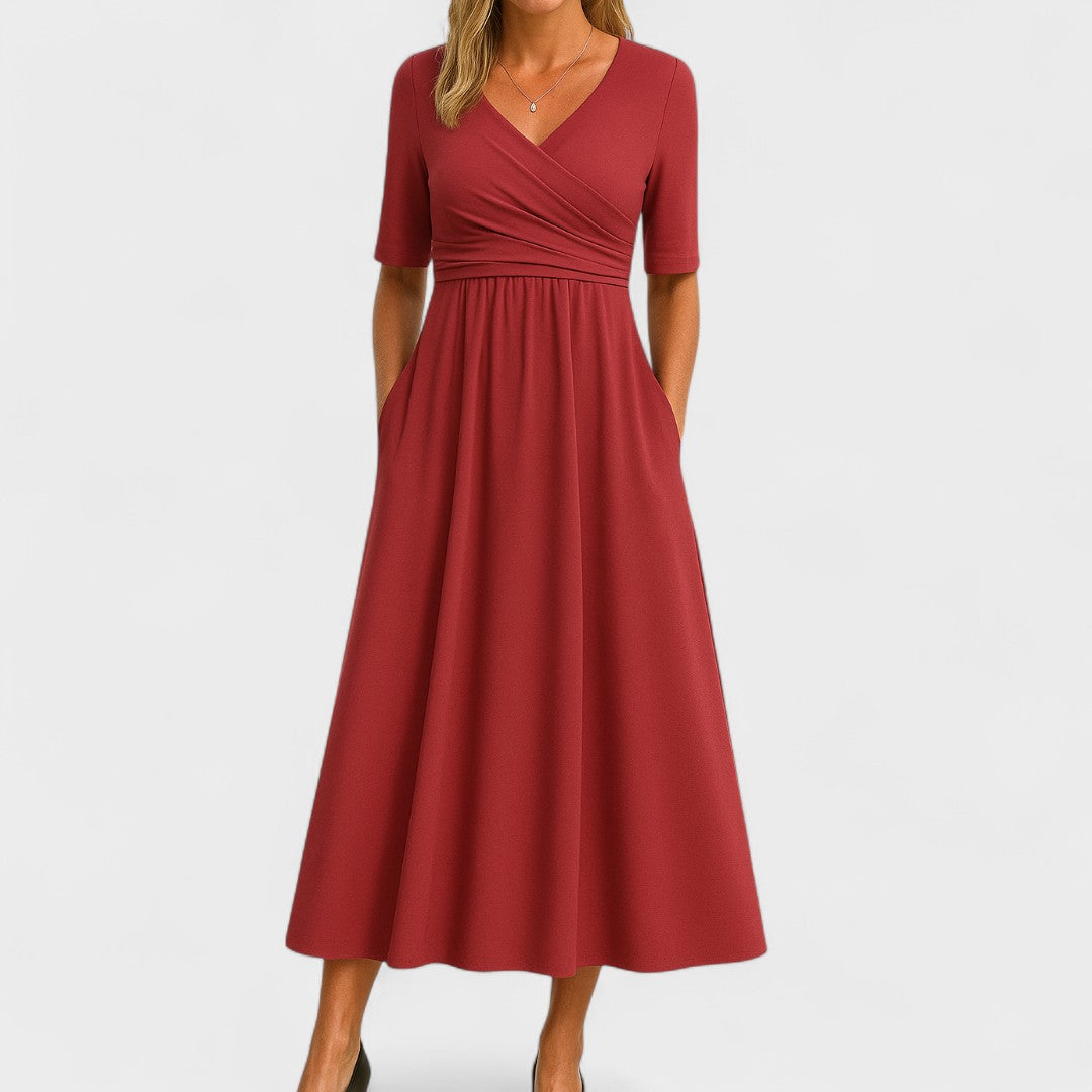 Elegant Wrap V Neck Maxi Dresses for Women with Short Sleeve Empire Waist Ruched Pocket Long Dress Style