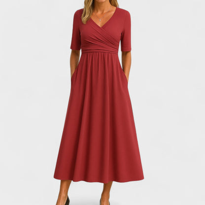 Elegant Wrap V Neck Maxi Dresses for Women with Short Sleeve Empire Waist Ruched Pocket Long Dress Style