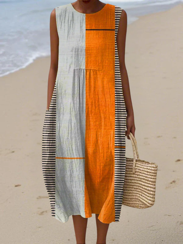 Effortless Color Block Midi Dress for Women with Round Neck Sleeveless
