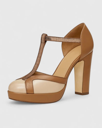 Comfortable Brown Heels for Women with T Strap Style