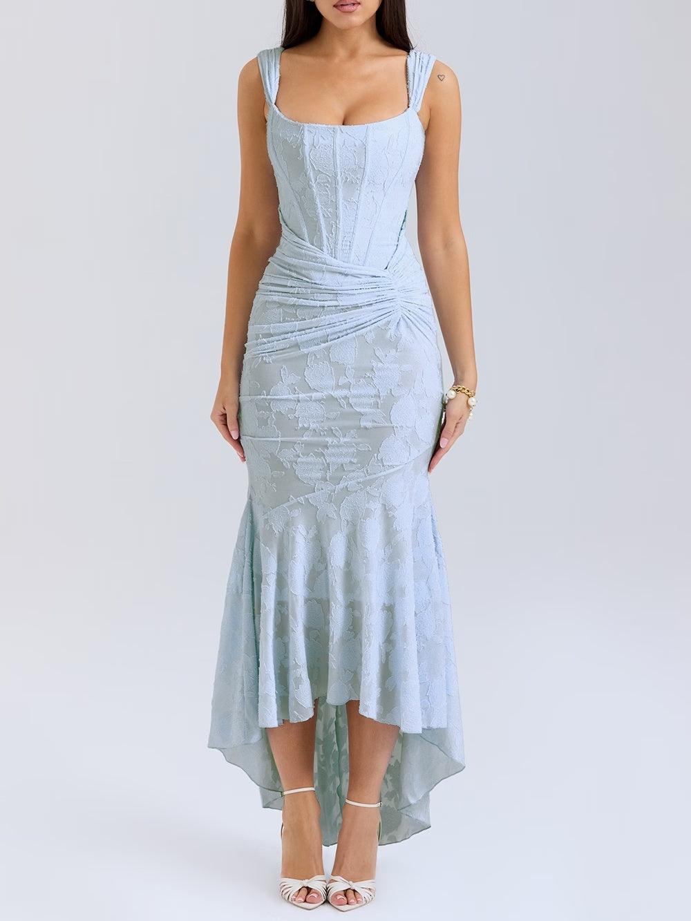 Elegant Floral Lace Corset Maxi Dresses for Women with Square Neck Ruched Skirt Formal Wedding Guest Style