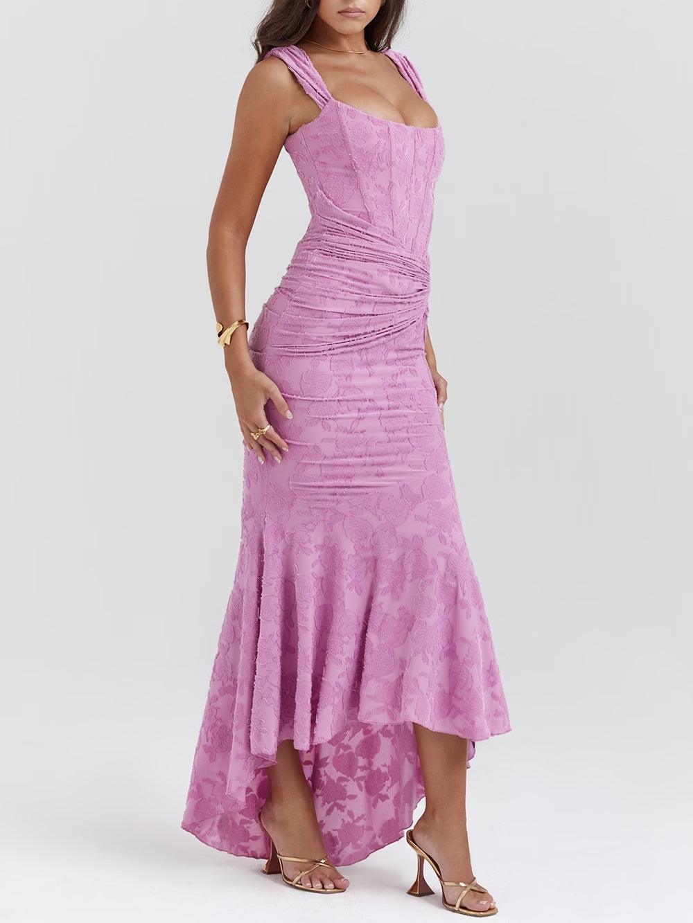 Elegant Floral Lace Corset Maxi Dresses for Women with Square Neck Ruched Skirt Formal Wedding Guest Style