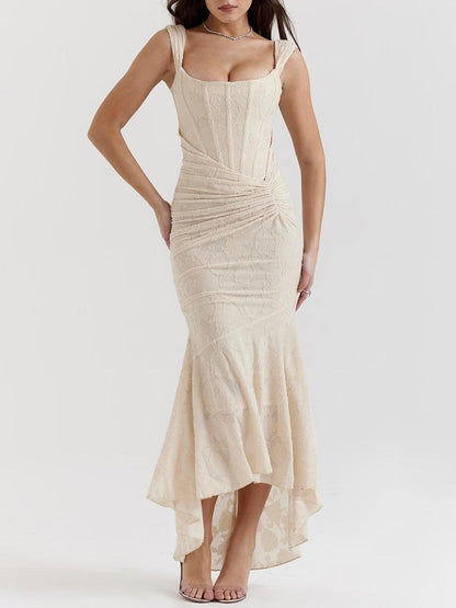 Elegant Floral Lace Corset Maxi Dresses for Women with Square Neck Ruched Skirt Formal Wedding Guest Style