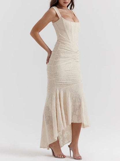 Elegant Floral Lace Corset Maxi Dresses for Women with Square Neck Ruched Skirt Formal Wedding Guest Style