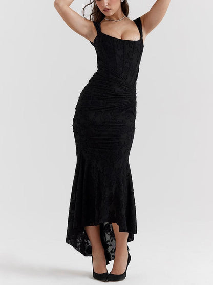 Elegant Floral Lace Corset Maxi Dresses for Women with Square Neck Ruched Skirt Formal Wedding Guest Style