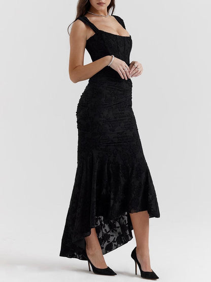 Elegant Floral Lace Corset Maxi Dresses for Women with Square Neck Ruched Skirt Formal Wedding Guest Style