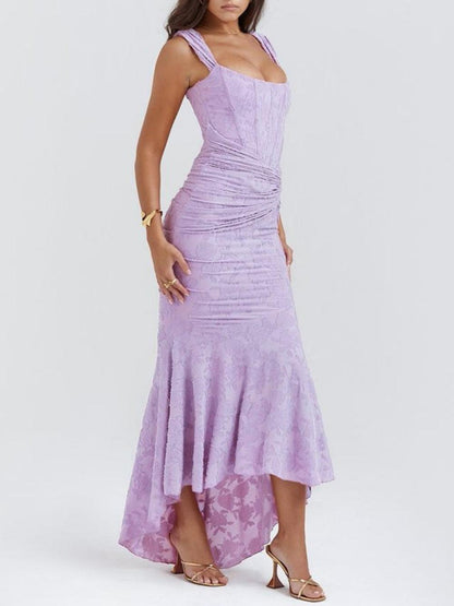 Elegant Floral Lace Corset Maxi Dresses for Women with Square Neck Ruched Skirt Formal Wedding Guest Style