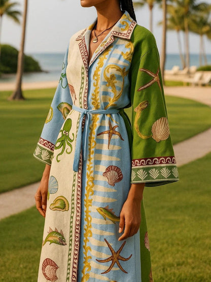 Effortless Shirt Dress for Women with Ocean Print Twill Belted Long Sleeve Button Down Midi Style