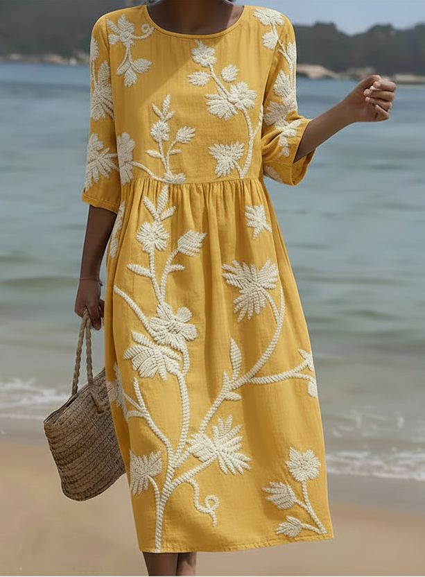 Stylish Yellow Floral Midi Dress for Women with Round Neck