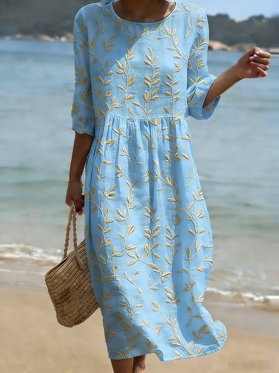 Effortless Blue Floral Midi Dress for Women with Round Neck