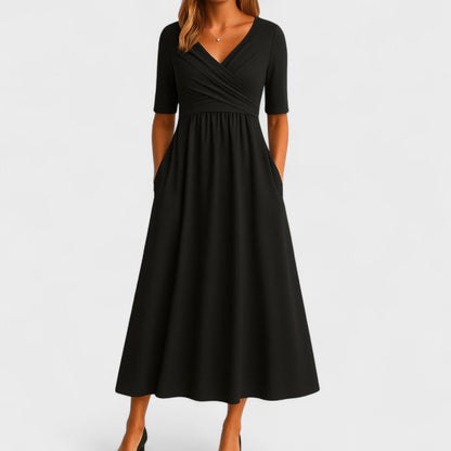 Elegant Wrap V Neck Maxi Dresses for Women with Short Sleeve Empire Waist Ruched Pocket Long Dress Style