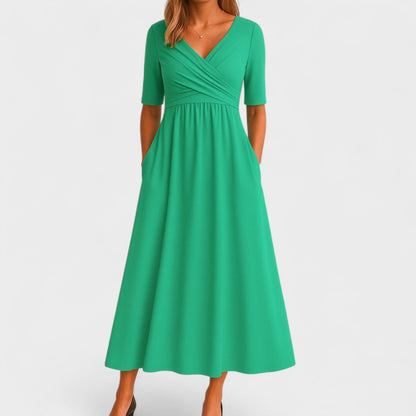 Effortless Wrap V-Neck Maxi Dress for Women with Short Sleeve Ruched Waist Pocket Casual Style