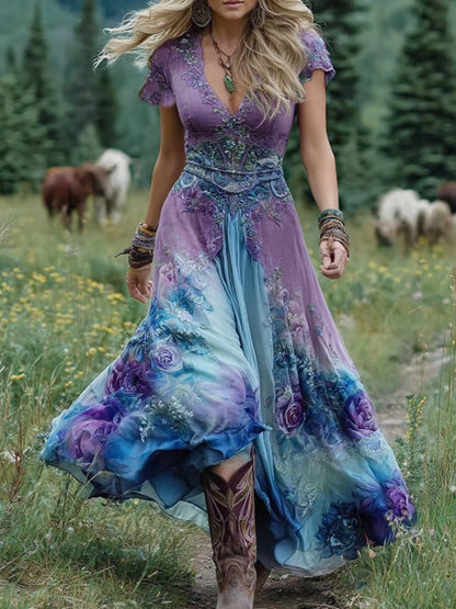 Effortless Floral Maxi Dress for Women with V Neck
