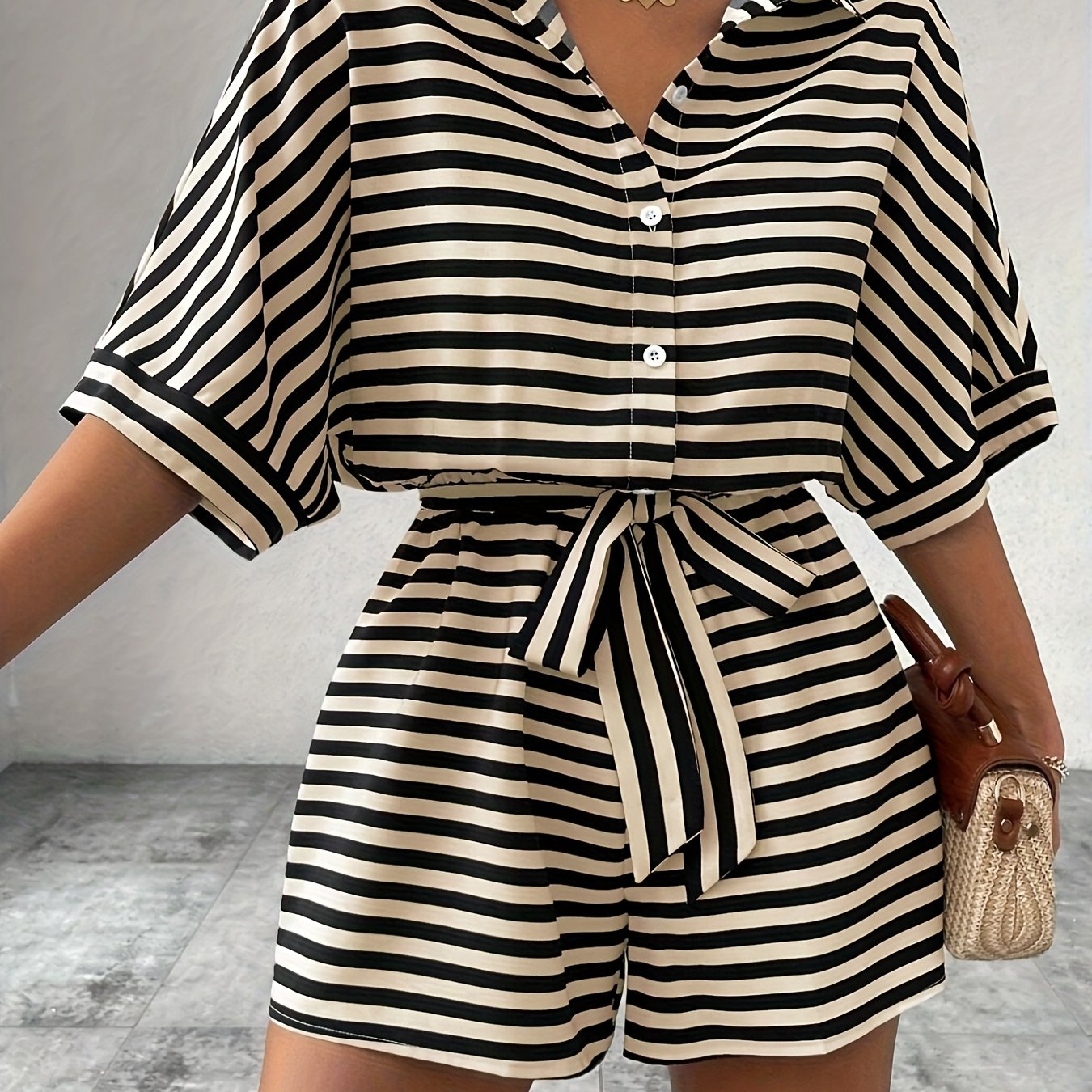 Effortless Striped Romper for Women with Collared Belted