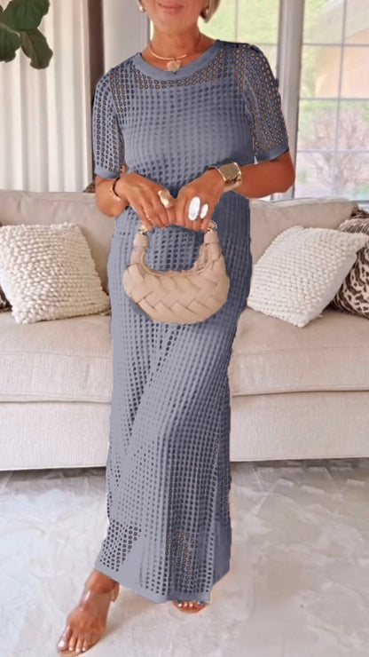 Effortless Two-Piece Set for Women with Boat Neck Short Sleeve Crochet Mesh Hollow Out Casual Style