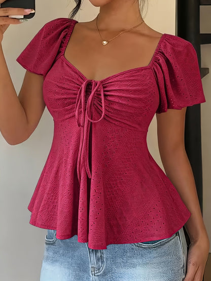 Effortless Blouse for Women with Sweetheart Neck Flutter Sleeve Peplum
