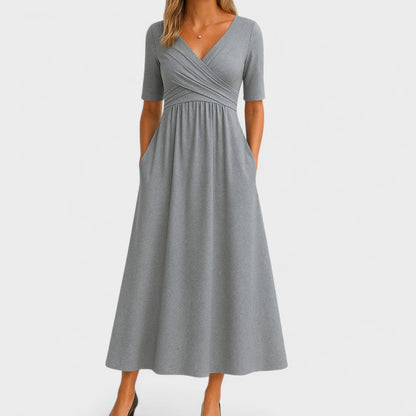 Elegant Wrap V Neck Maxi Dresses for Women with Short Sleeve Empire Waist Ruched Pocket Long Dress Style