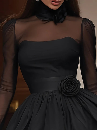 Elegant Black Dress for Women with Sheer Mesh Long Sleeve Puff Skirt Rose Waist Mini Formal Style