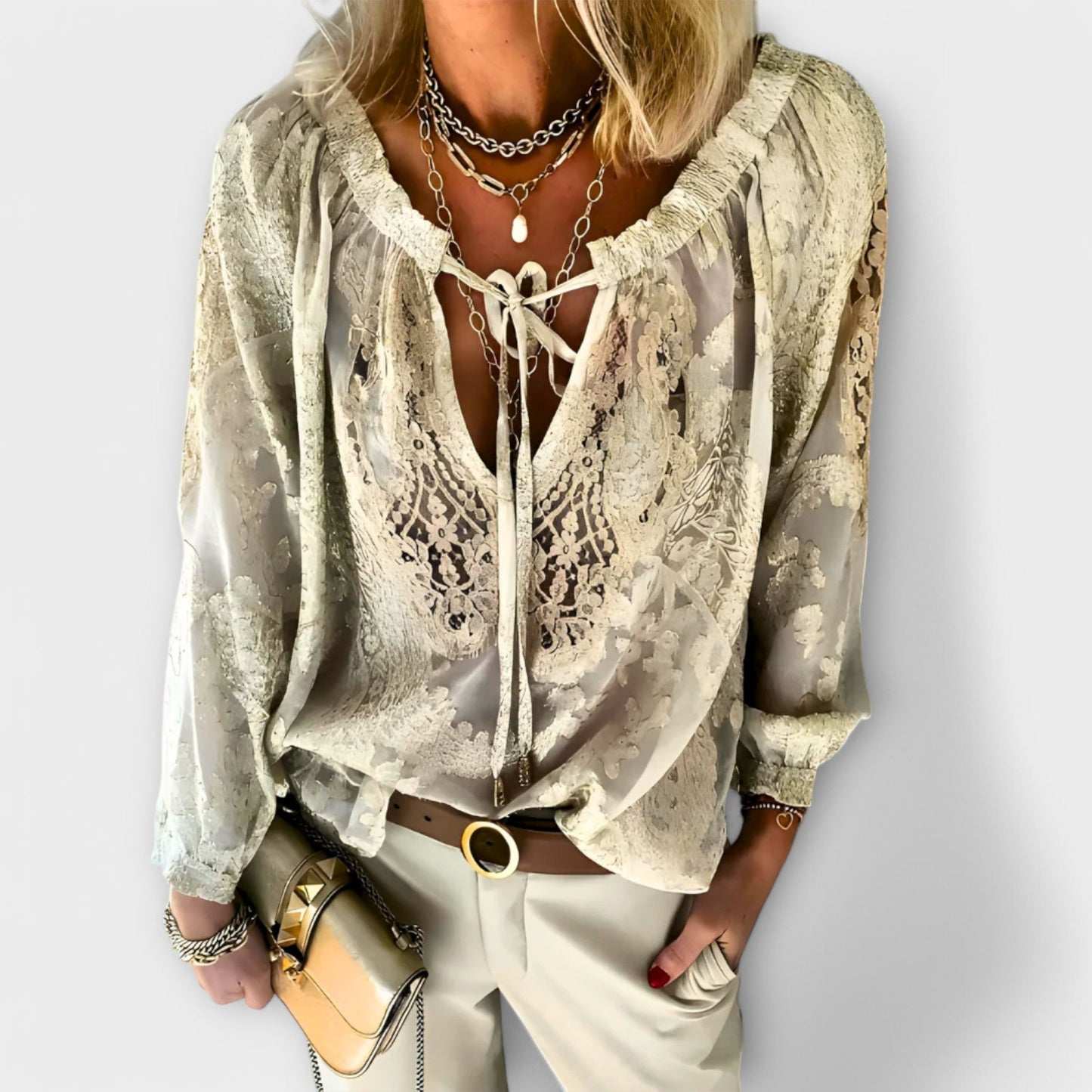Elegant Lace Blouse for Women with Deep V-Neck Long Sleeve Ruffle Cuff Zip Front Casual Style