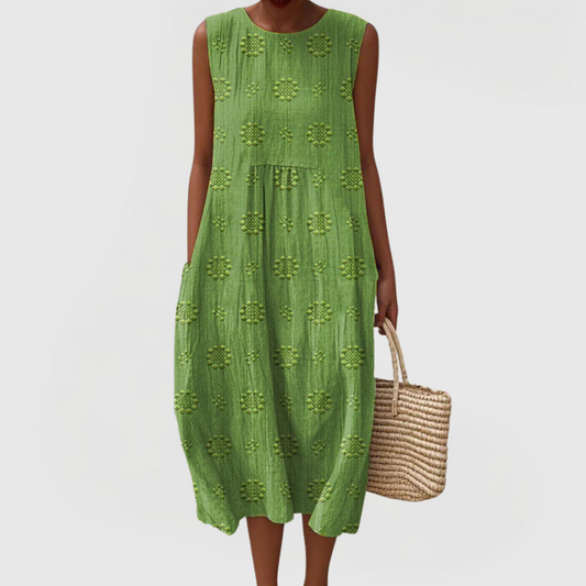 Effortless Embroidered Linen Casual Dresses for Women with Round Neck Sleeveless Pocket Midi Style